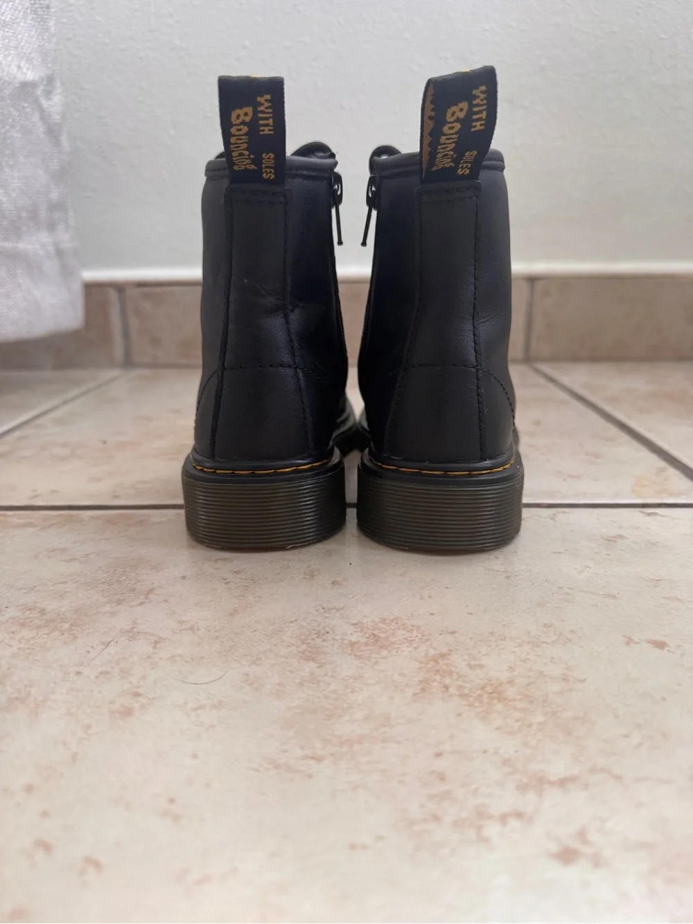 Dr. Martens Black Leather Lace-Up Ankle Boots with Yellow Heel Loop
